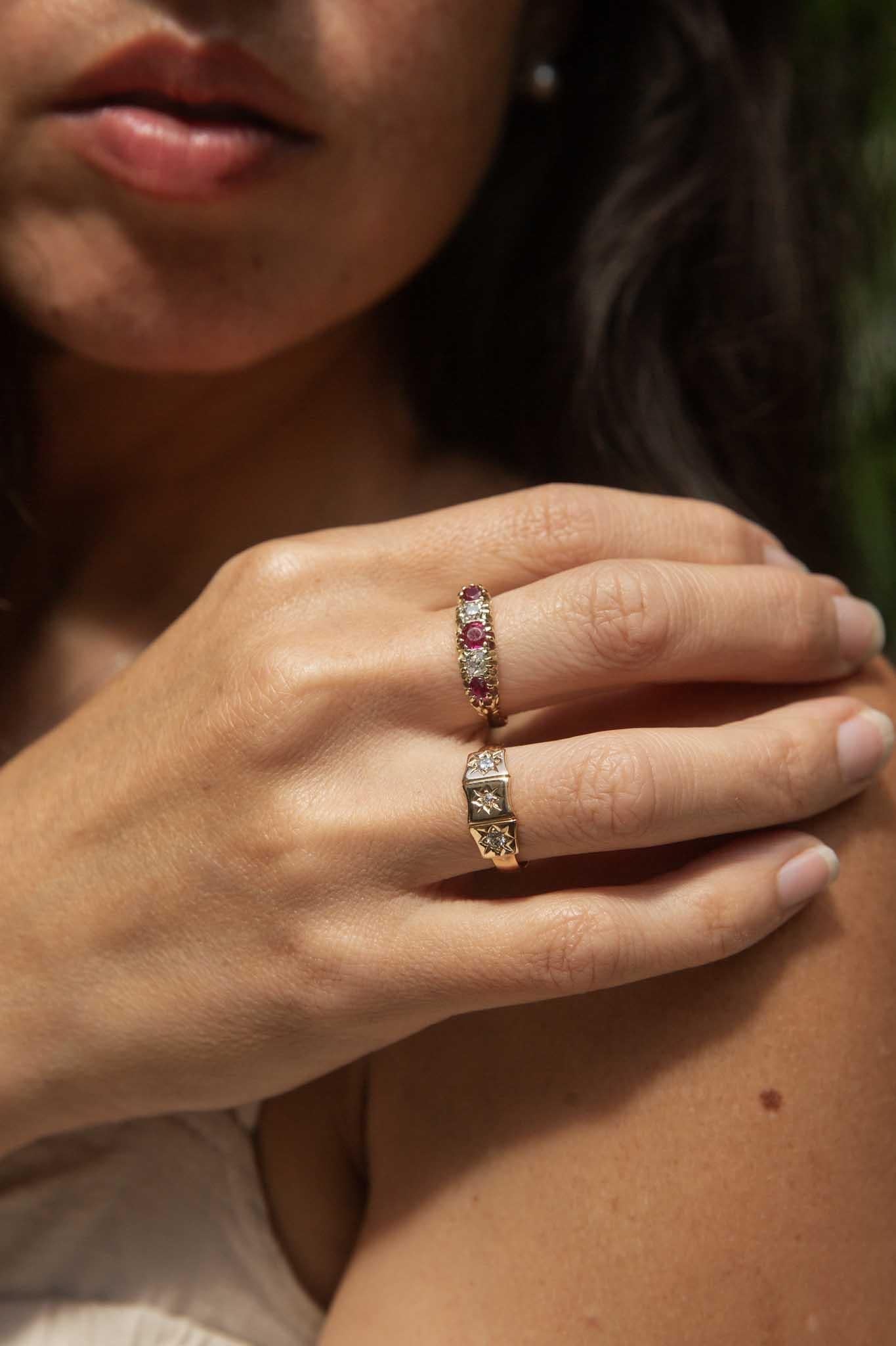 Vintage Circa 1930s Diamond Ruby Band 18 Carat Yellow Gold
