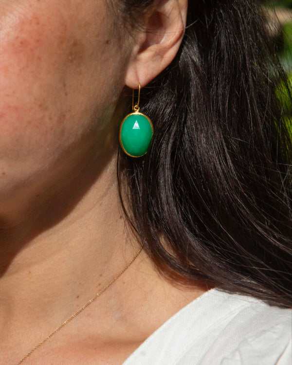 Kaia Vintage Circa 1990s Faceted Oval Chrysoprase Hook Earrings 22ct Yellow Gold Earrings Imperial Jewellery 