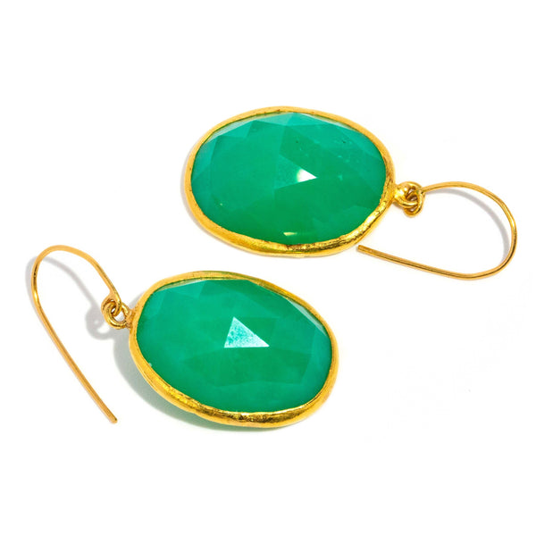 Kaia Vintage Circa 1990s Faceted Oval Chrysoprase Hook Earrings 22ct Yellow Gold Earrings Imperial Jewellery 