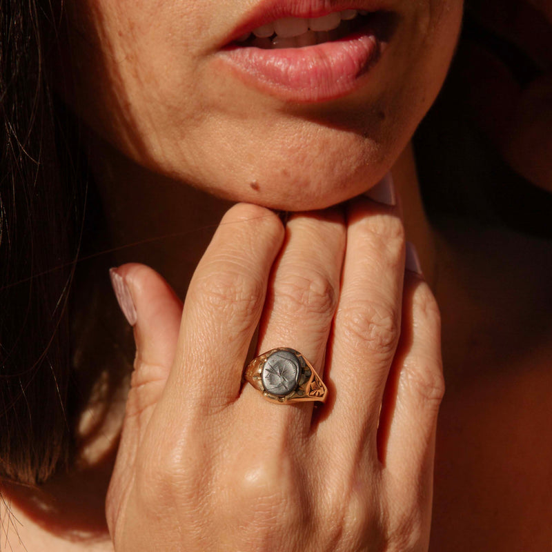 Kailany 1989 Roman Hematite Signet Ring 9ct Gold Rings Imperial Jewellery 