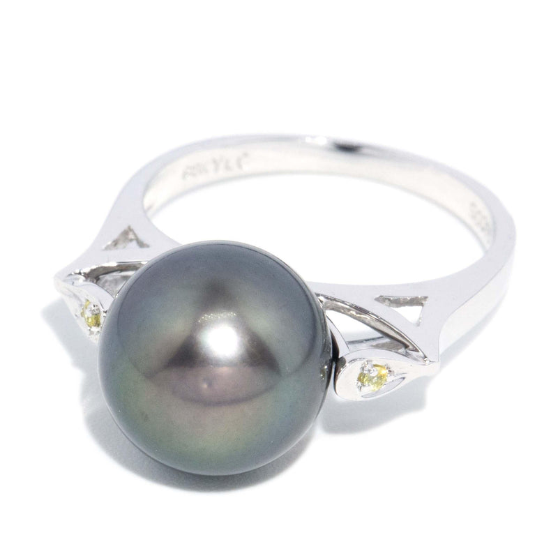 Contemporary Tahitian Pearl & Sapphire Ring 18 Carat White Gold
