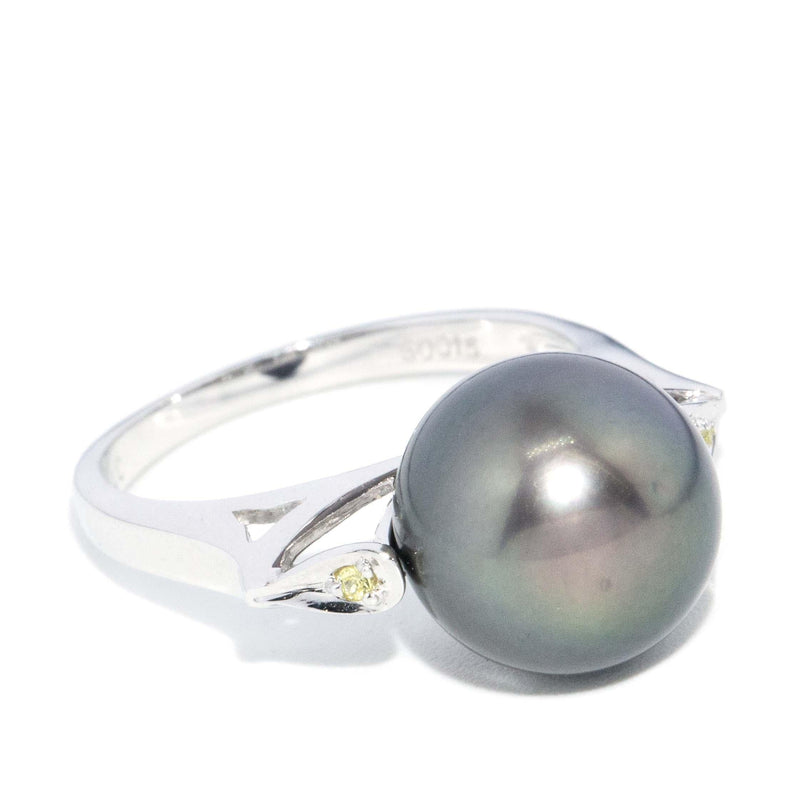 Contemporary Tahitian Pearl & Sapphire Ring 18 Carat White Gold