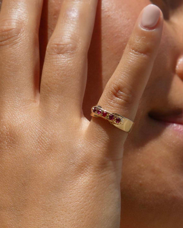 Katrina 1970s Five Stone Ruby Dress Ring 14ct Yellow Gold Ring Imperial Jewellery 