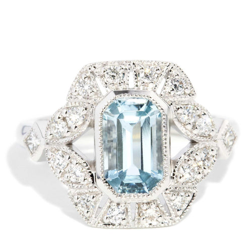 Keita Art Deco Aquamarine & Diamond Ring 18K White Gold