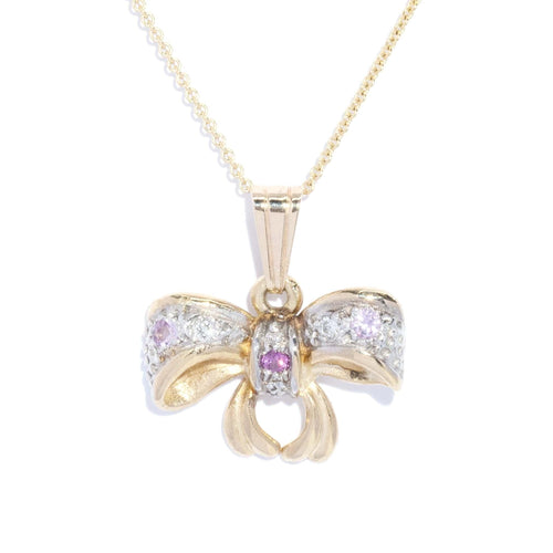 Kenia Pink Sapphire Diamond Bow Pendant 9K Two Tone Gold