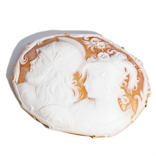 Keres Victorian Shell Cameo Lovers Brooch 9K Yellow Gold
