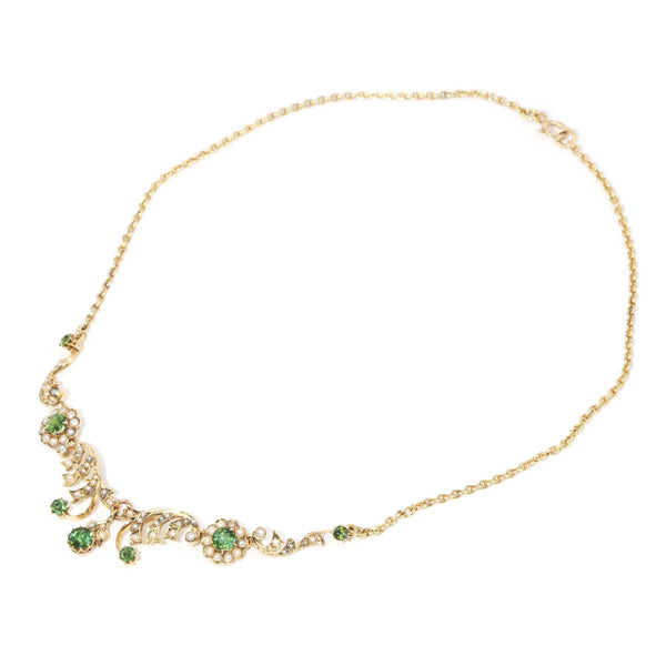 Vintage 1930s Green Sapphire & Seed Pearl Necklace 9 Carat Gold