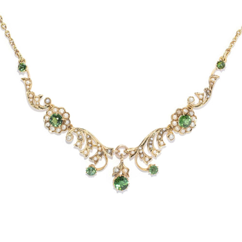 Kerra Green Sapphire & Pearl Festoon Necklace 9K Yellow Gold