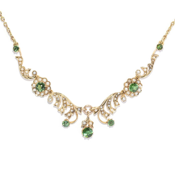 Vintage 1930s Green Sapphire & Seed Pearl Necklace 9 Carat Gold