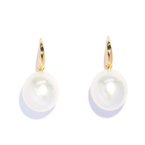 Krea White South Sea Pearl Drop Earrings 18K Yellow Gold