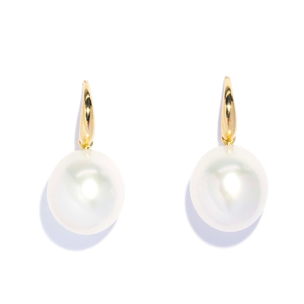 Krea Contemporary Drop Shaped South Sea Pearl Earrings 18ct Yellow Gold Earrings Imperial Jewellery 