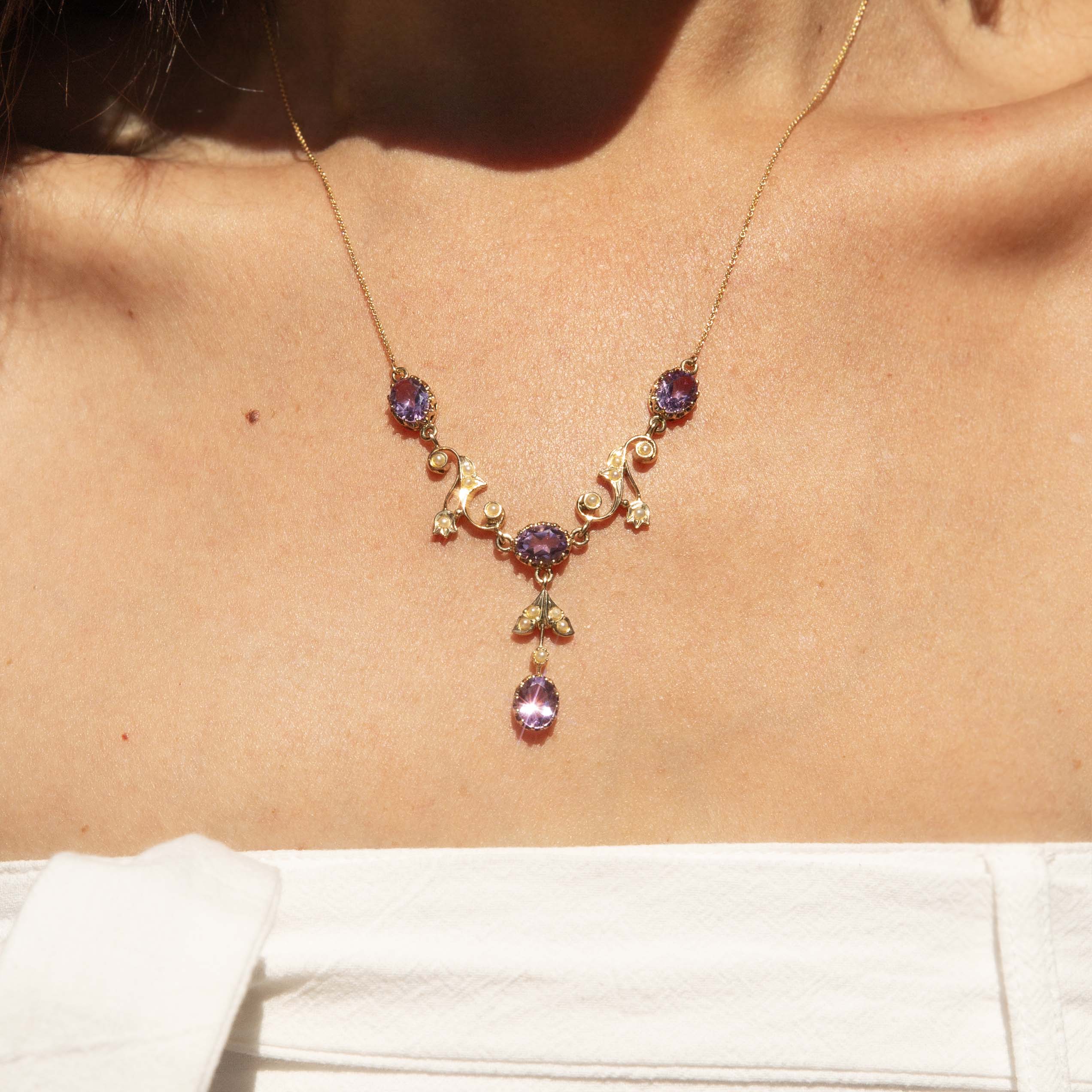 Laila Vintage Circa 1980s Amethyst & Seed Pearl Festoon Necklace 9ct Yellow Gold Pendants/Necklaces Imperial Jewellery 