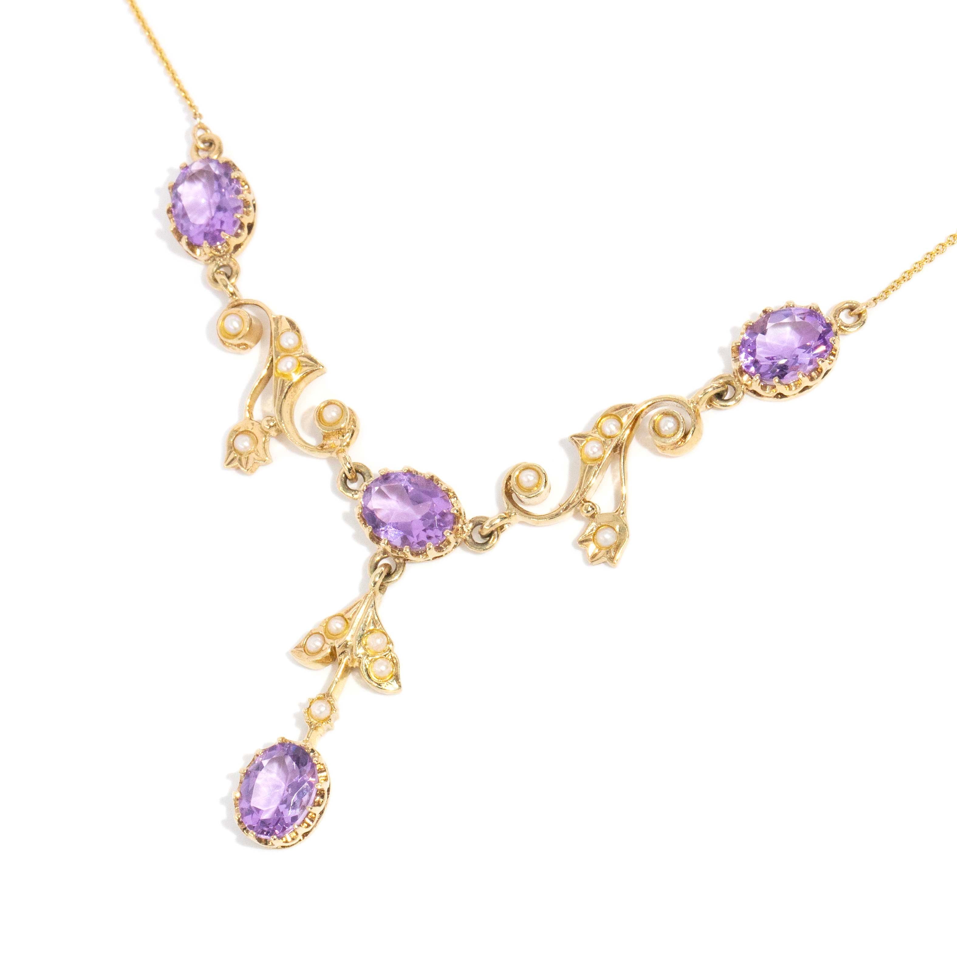 Laila Vintage Circa 1980s Amethyst & Seed Pearl Festoon Necklace 9ct Yellow Gold Pendants/Necklaces Imperial Jewellery 