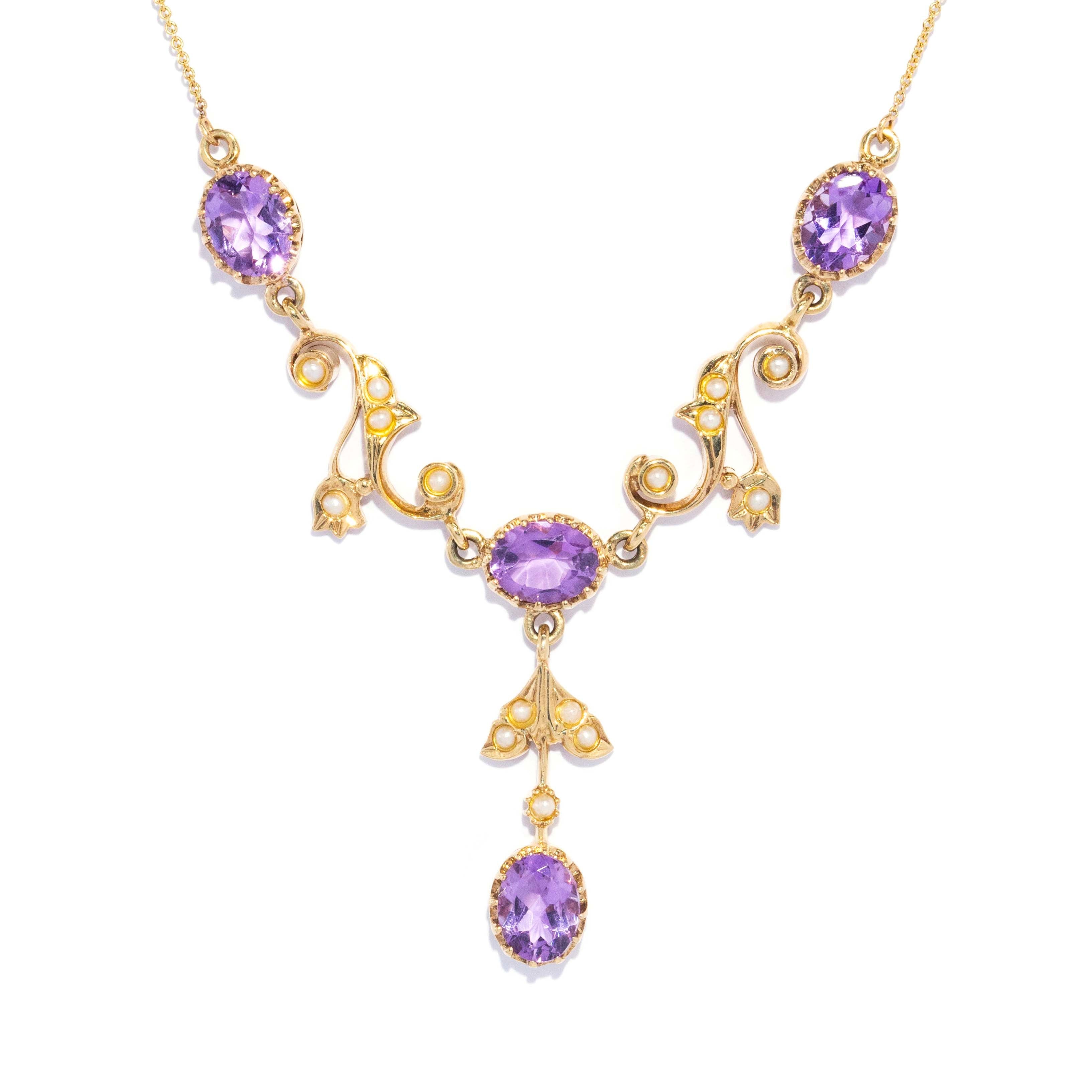 Laila Vintage Circa 1980s Amethyst & Seed Pearl Festoon Necklace 9ct Yellow Gold Pendants/Necklaces Imperial Jewellery 