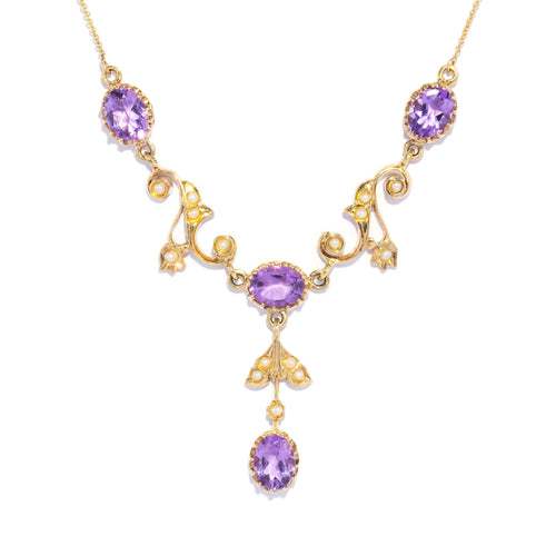 Laila Amethyst & Seed Pearl Festoon Necklace 9K Yellow Gold