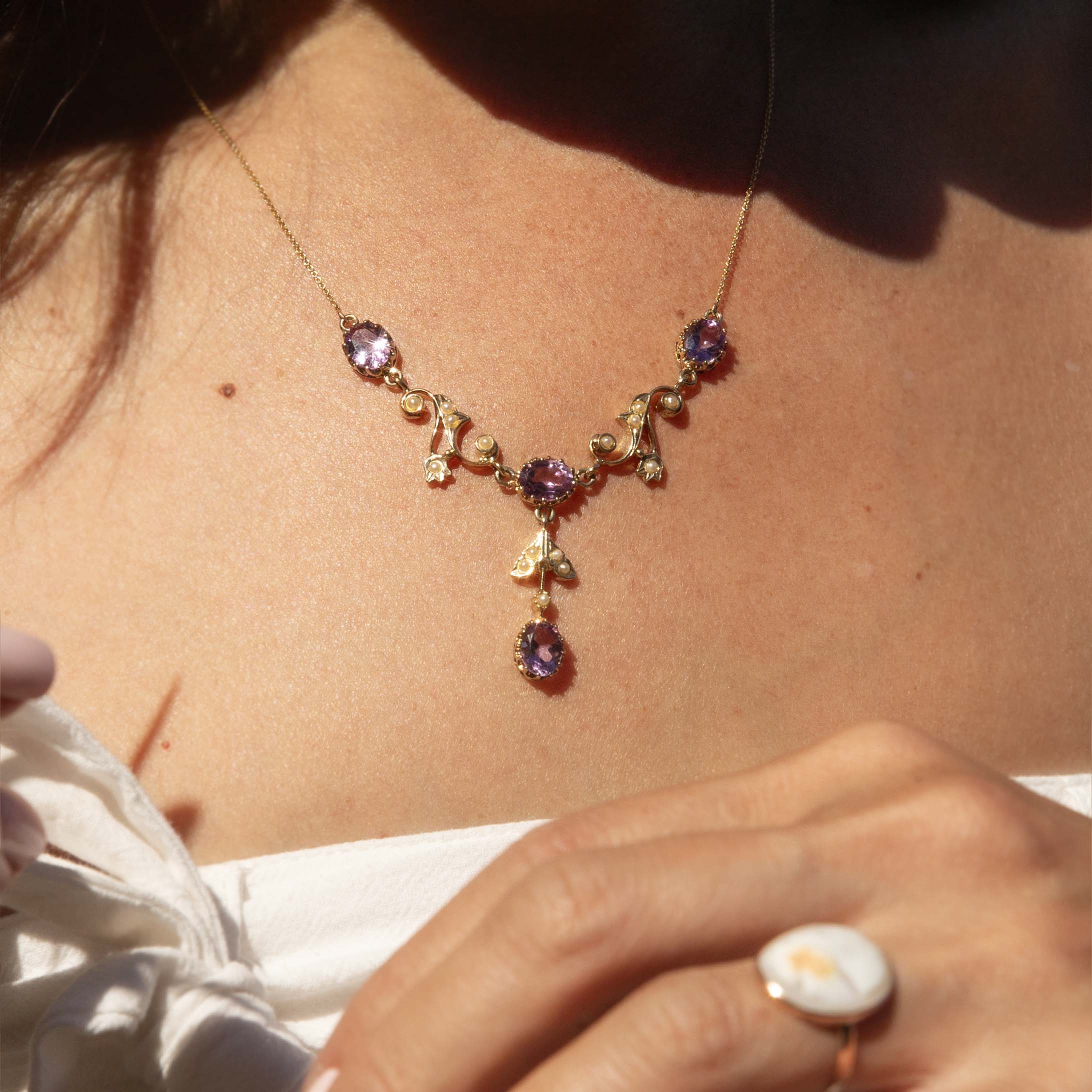 Laila Vintage Circa 1980s Amethyst & Seed Pearl Festoon Necklace 9ct Yellow Gold Pendants/Necklaces Imperial Jewellery 
