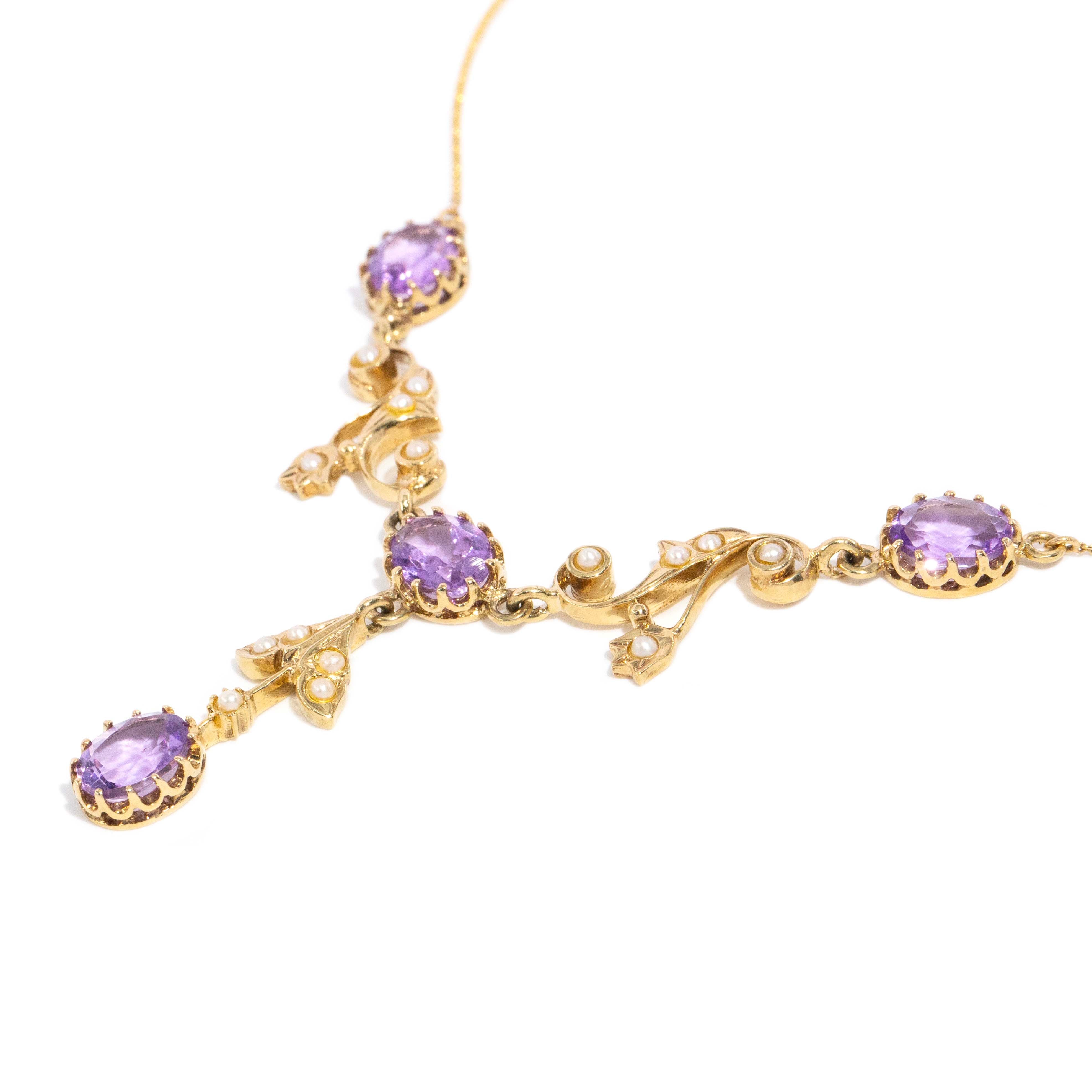 Laila Vintage Circa 1980s Amethyst & Seed Pearl Festoon Necklace 9ct Yellow Gold Pendants/Necklaces Imperial Jewellery 