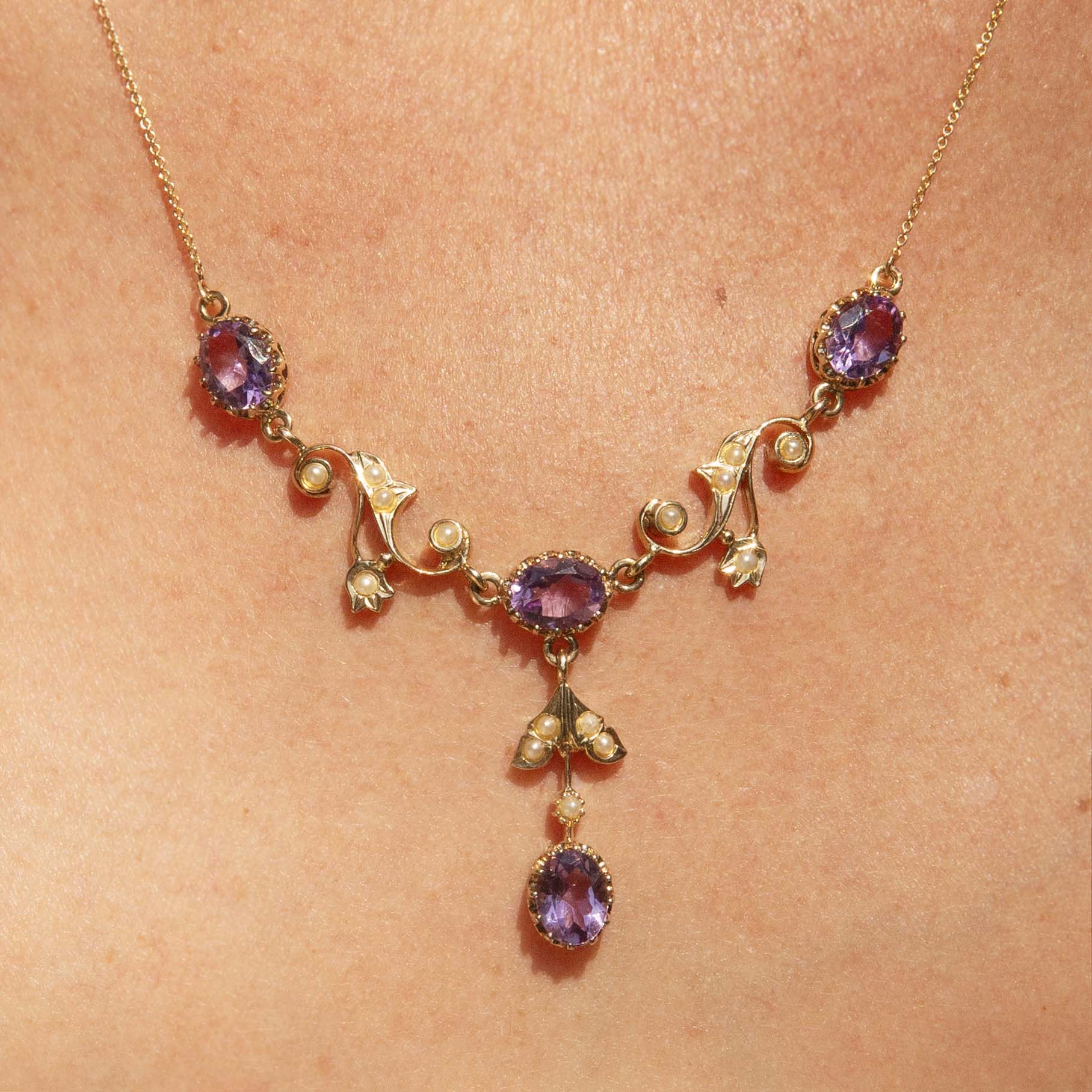 Laila Vintage Circa 1980s Amethyst & Seed Pearl Festoon Necklace 9ct Yellow Gold Pendants/Necklaces Imperial Jewellery 