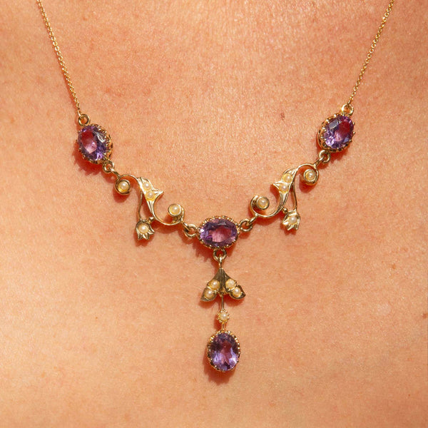 Laila Vintage Circa 1980s Amethyst & Seed Pearl Festoon Necklace 9ct Yellow Gold Pendants/Necklaces Imperial Jewellery 