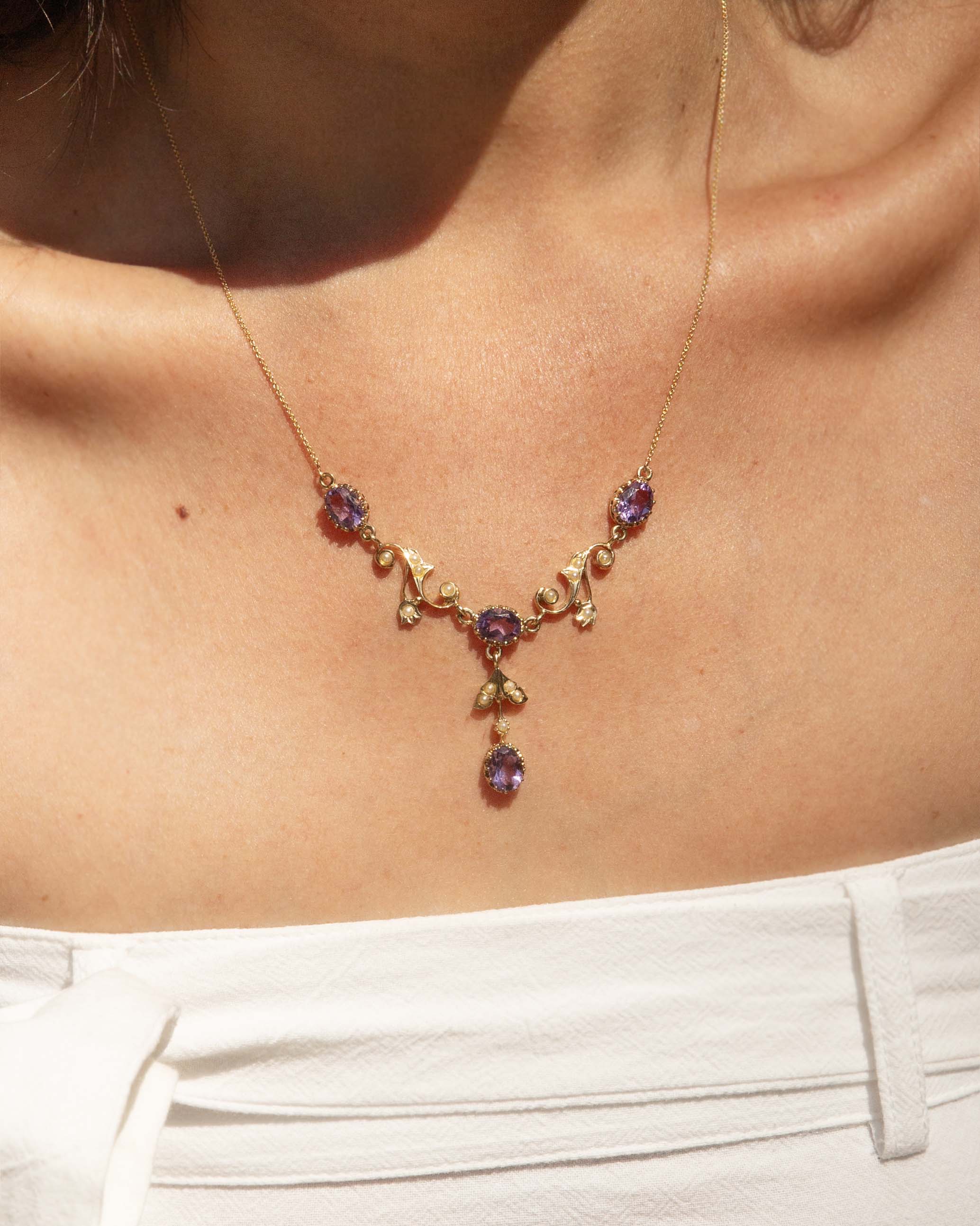 Laila Vintage Circa 1980s Amethyst & Seed Pearl Festoon Necklace 9ct Yellow Gold Pendants/Necklaces Imperial Jewellery 