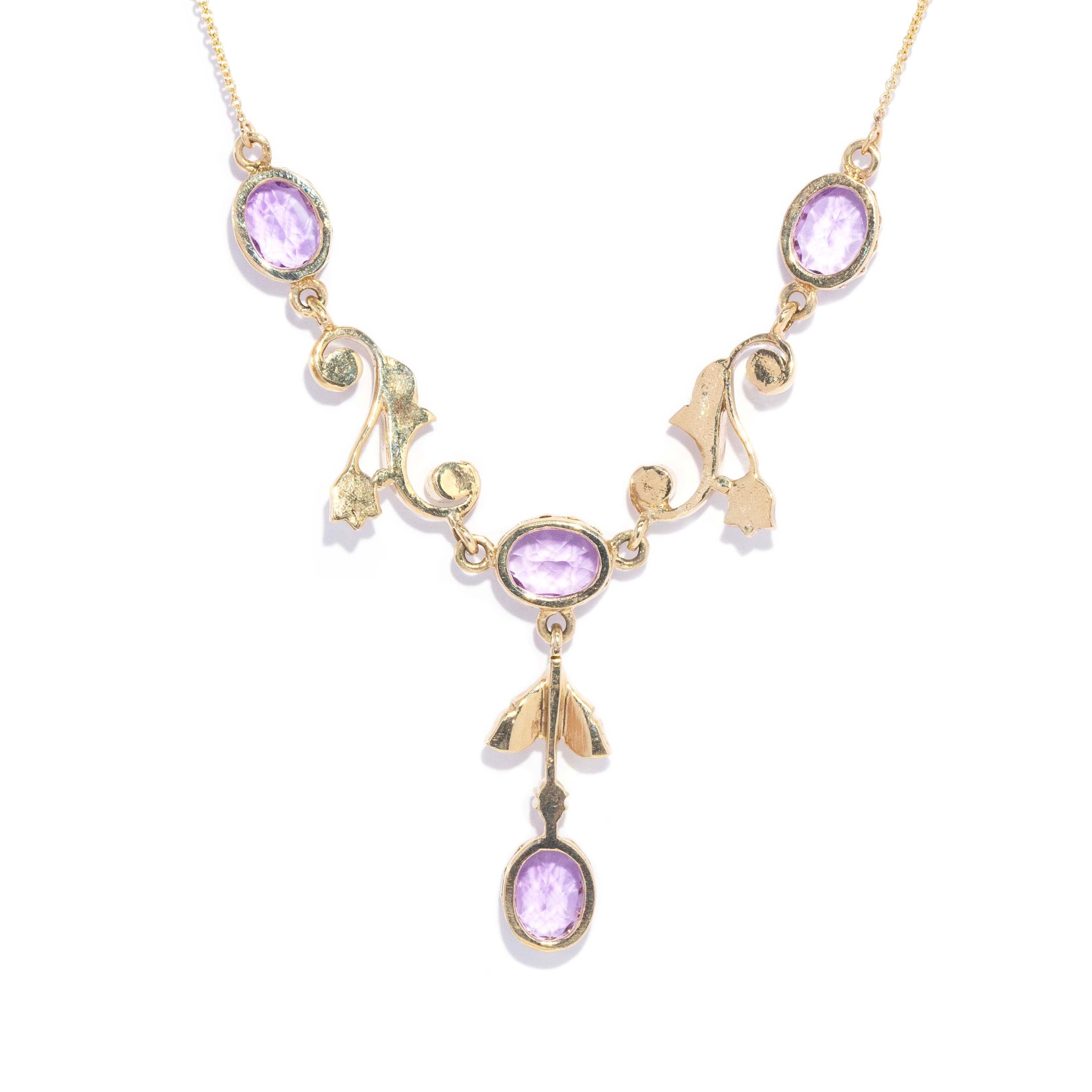 Laila Vintage Circa 1980s Amethyst & Seed Pearl Festoon Necklace 9ct Yellow Gold Pendants/Necklaces Imperial Jewellery 