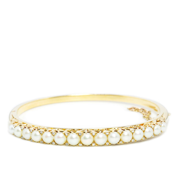 Lainey 1930s Seed Pearl & Diamond Bangle 14ct Gold Bracelets/Bangles Imperial Jewellery 