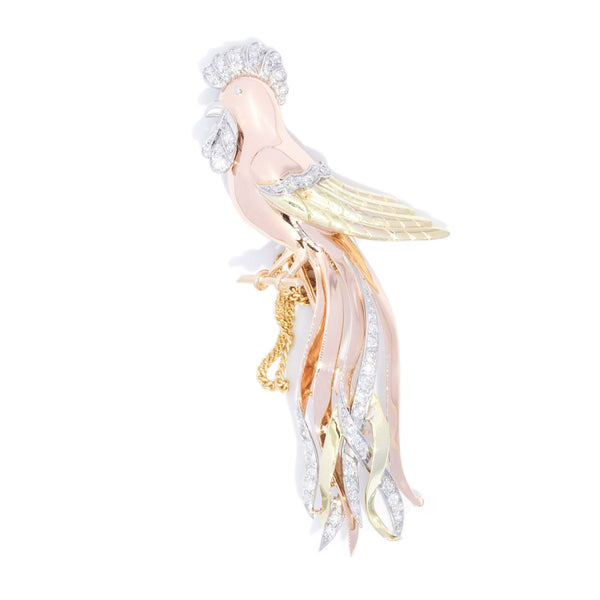Vintage Circa 1960s Diamond Set Tri Colour 18 Carat Gold Bird Brooch
