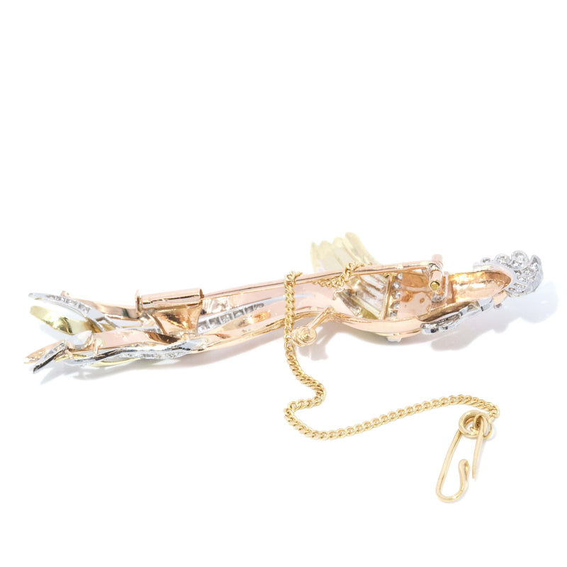 Vintage Circa 1960s Diamond Set Tri Colour 18 Carat Gold Bird Brooch