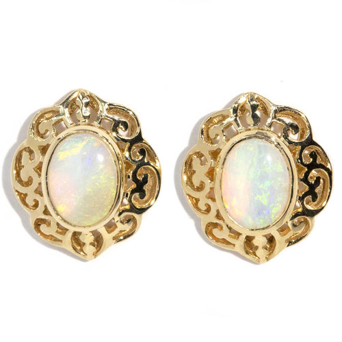 Lana Australian Opal Scrollwork Halo Studs 9K Yellow Gold