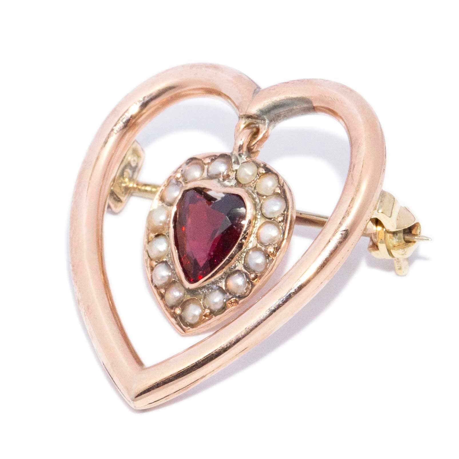 Leilani Antique Garnet Seed Pearl Heart Brooch 9ct Rose Gold Brooches Imperial Jewellery 
