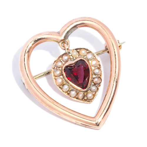 Leilani Edwardian Garnet & Pearl Heart Brooch 9K Rose Gold