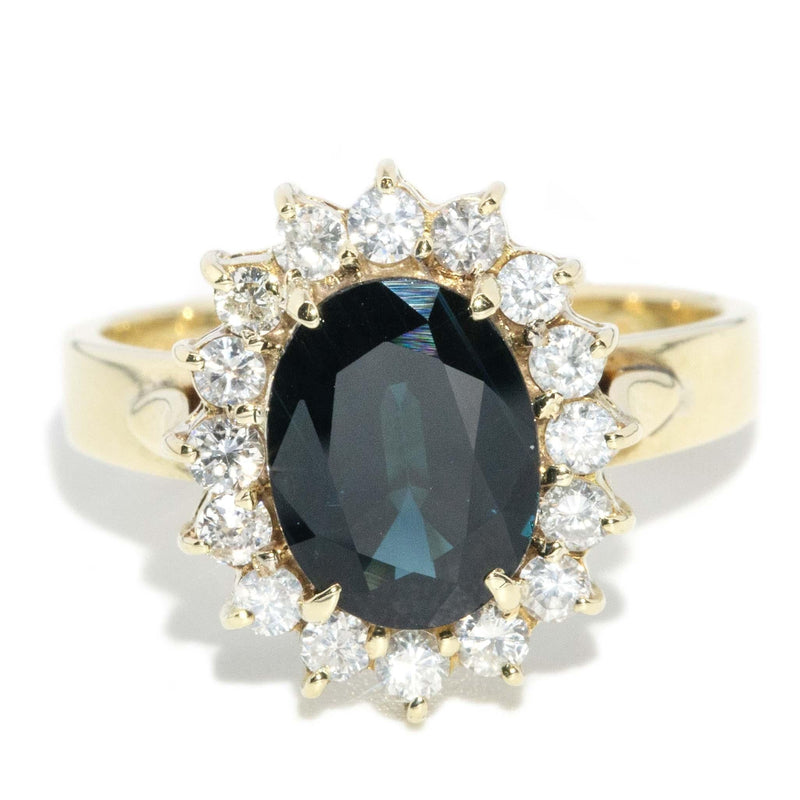 Vintage Circa 1990s Dark Green Sapphire & Diamond Ring 14 Carat Gold