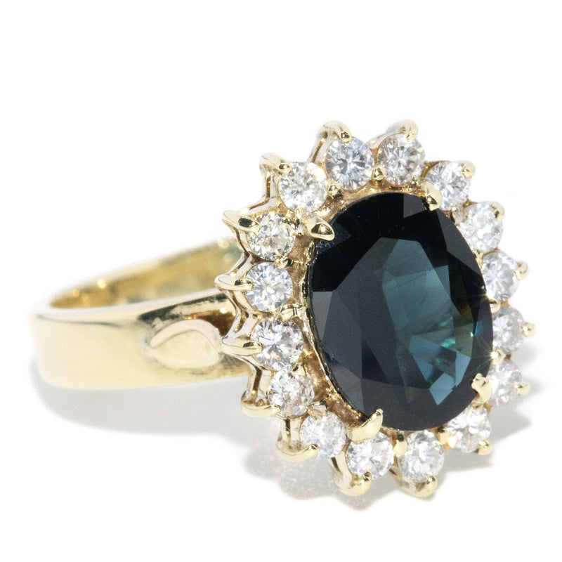 Vintage Circa 1990s Dark Green Sapphire & Diamond Ring 14 Carat Gold
