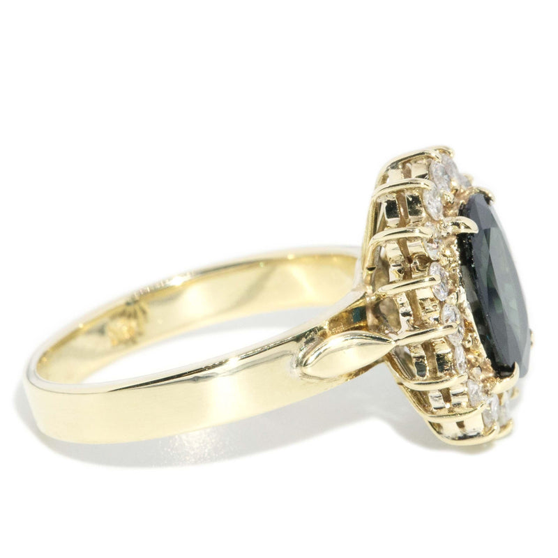 Vintage Circa 1990s Dark Green Sapphire & Diamond Ring 14 Carat Gold