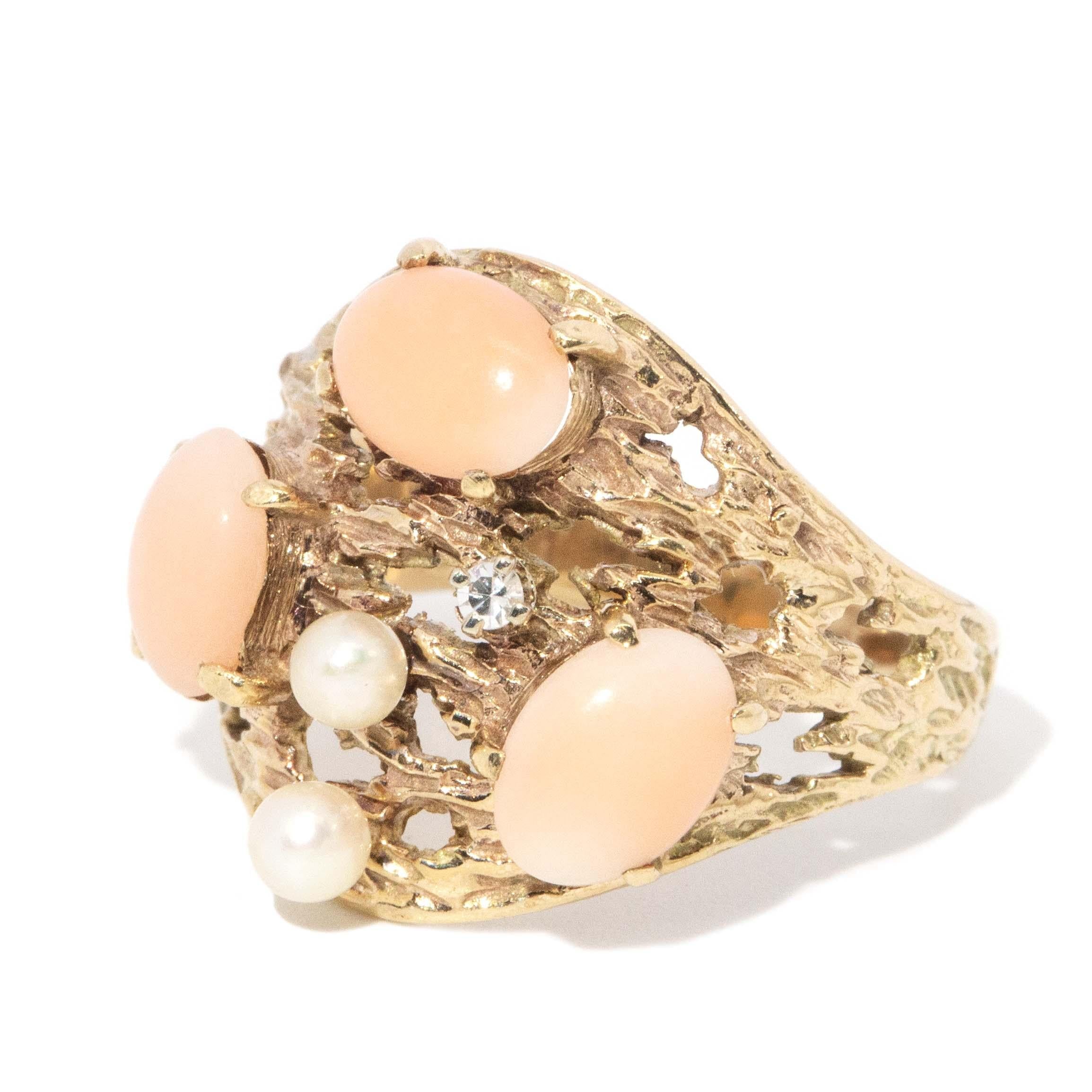 Vintage Circa 1970s Coral Diamond & Pearl Ring 9 Carat Yellow Gold