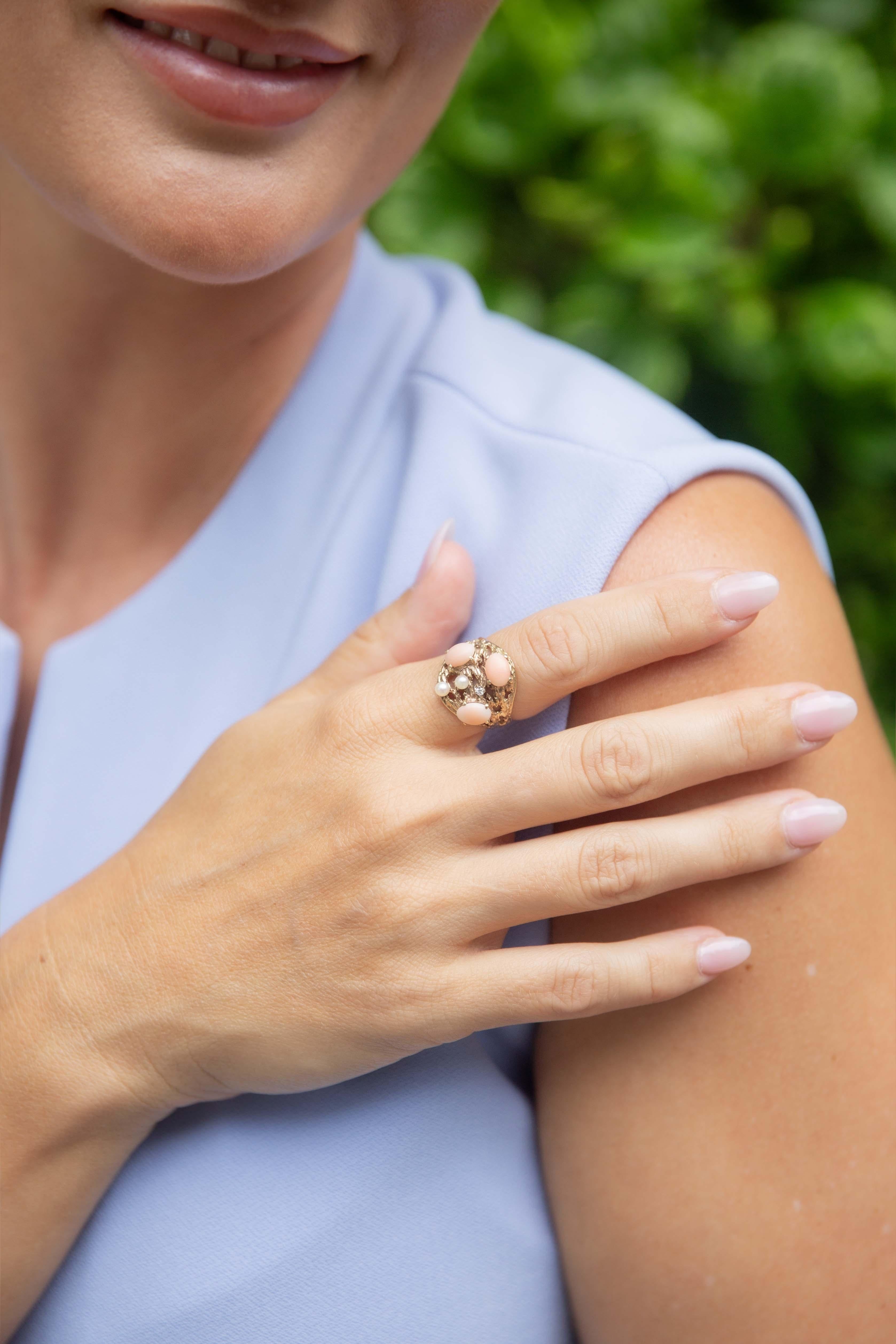 Vintage Circa 1970s Coral Diamond & Pearl Ring 9 Carat Yellow Gold