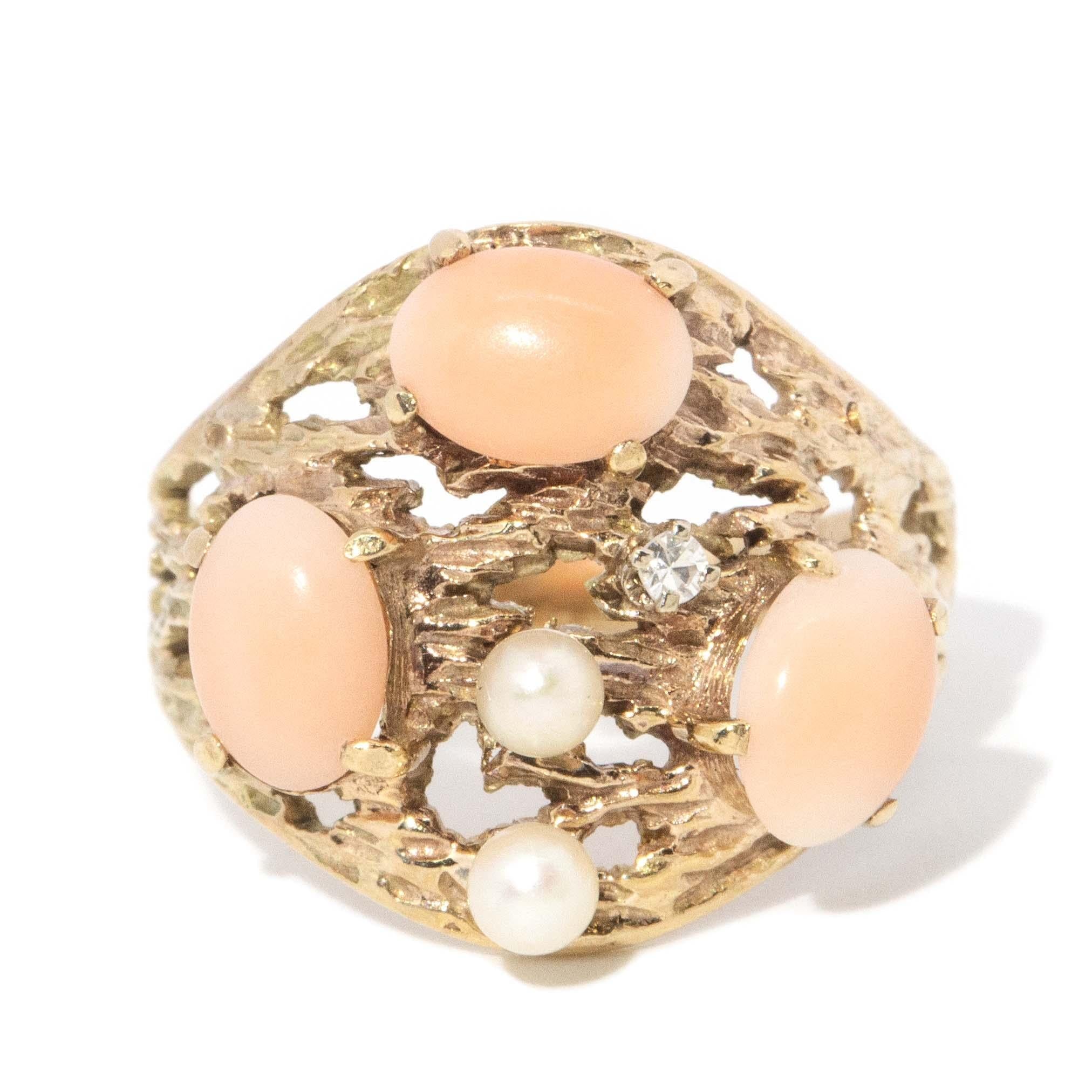 Vintage Circa 1970s Coral Diamond & Pearl Ring 9 Carat Yellow Gold