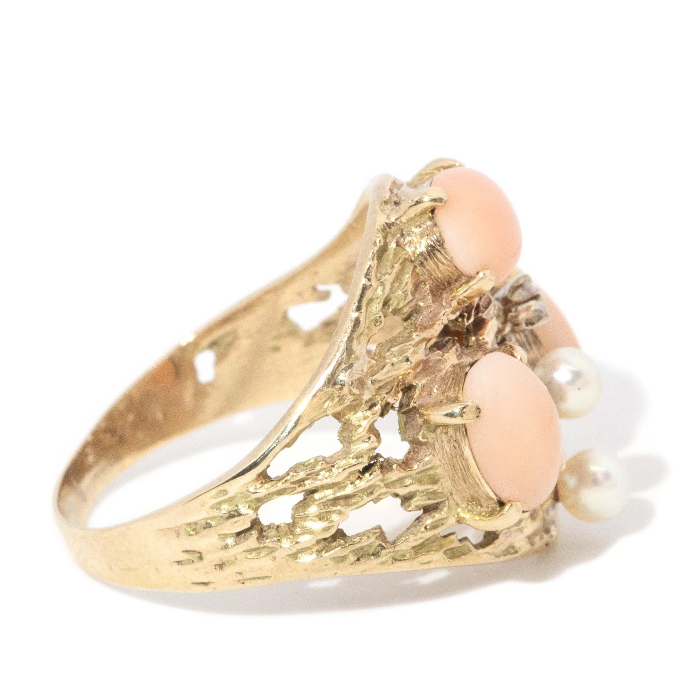 Vintage Circa 1970s Coral Diamond & Pearl Ring 9 Carat Yellow Gold