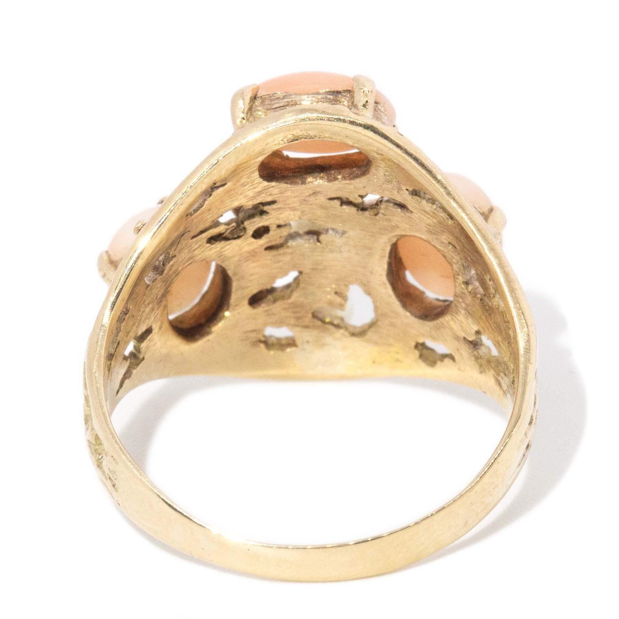 Vintage Circa 1970s Coral Diamond & Pearl Ring 9 Carat Yellow Gold