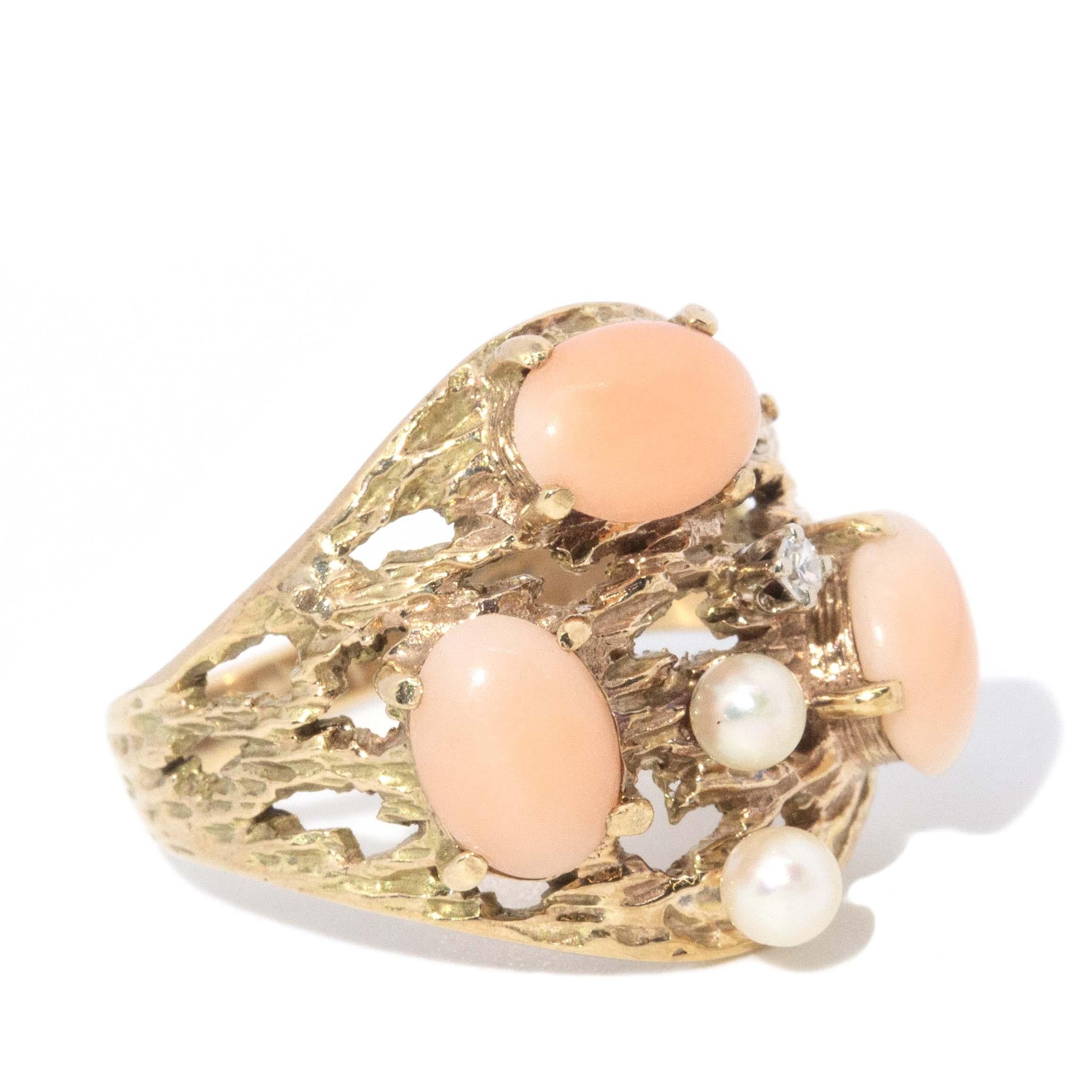 Vintage Circa 1970s Coral Diamond & Pearl Ring 9 Carat Yellow Gold