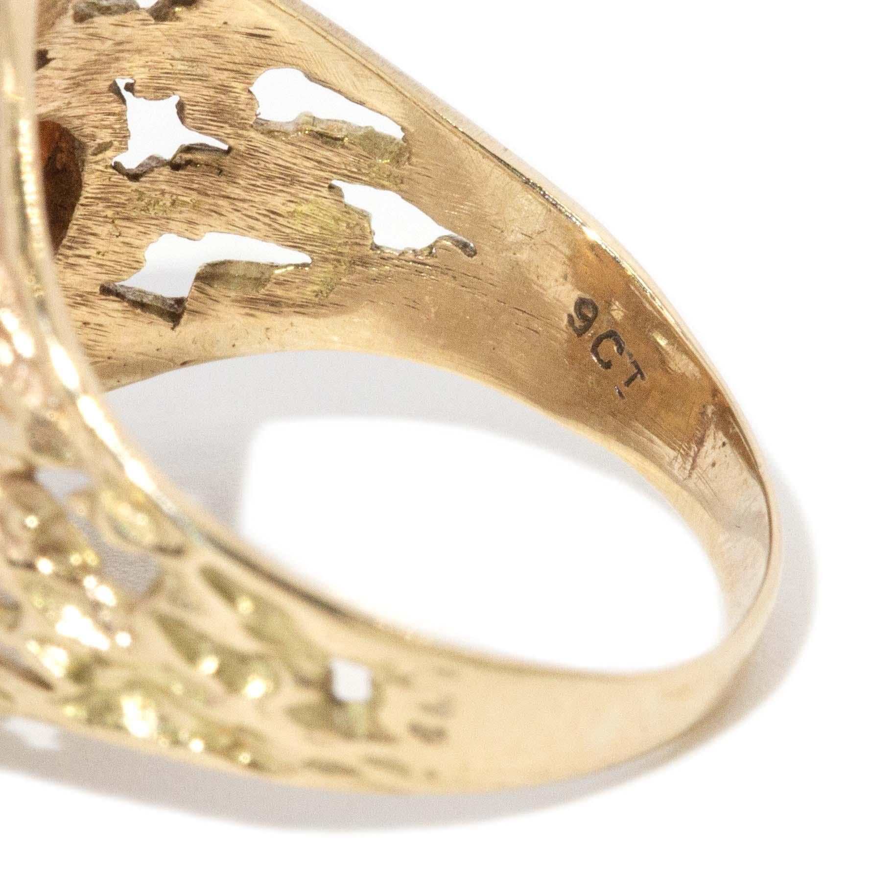 Vintage Circa 1970s Coral Diamond & Pearl Ring 9 Carat Yellow Gold