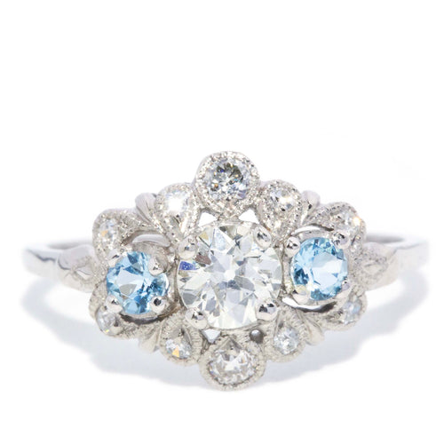 Libby Art Deco Aquamarine & Diamond Ring 18K White Gold