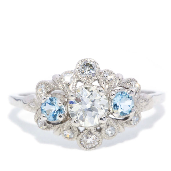 Libby 1940s Aquamarine & Diamond Art Deco Ring 18ct White Gold Rings Imperial Jewellery 