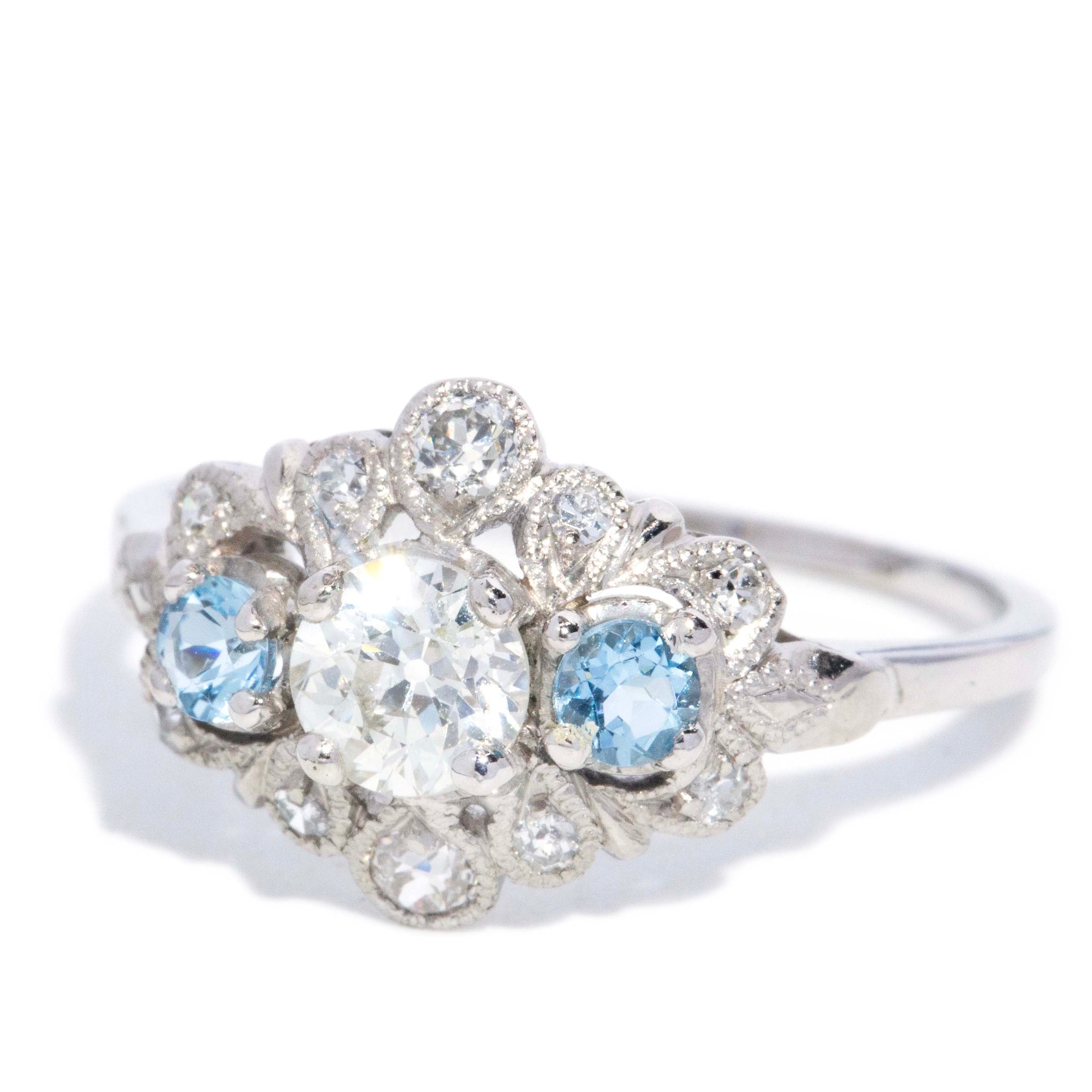Libby 1940s Aquamarine & Diamond Art Deco Ring 18ct White Gold Rings Imperial Jewellery 