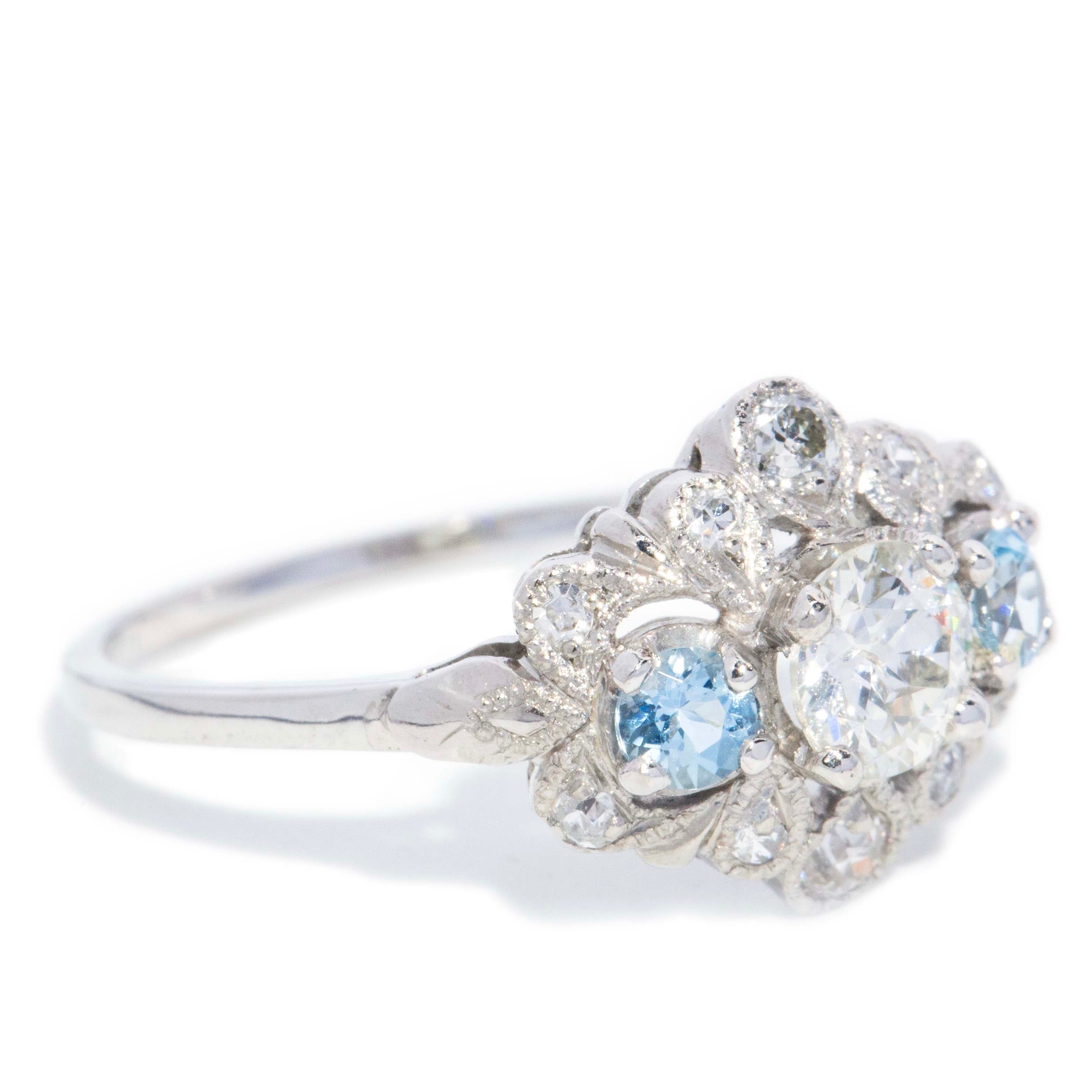 Libby 1940s Aquamarine & Diamond Art Deco Ring 18ct White Gold Rings Imperial Jewellery 