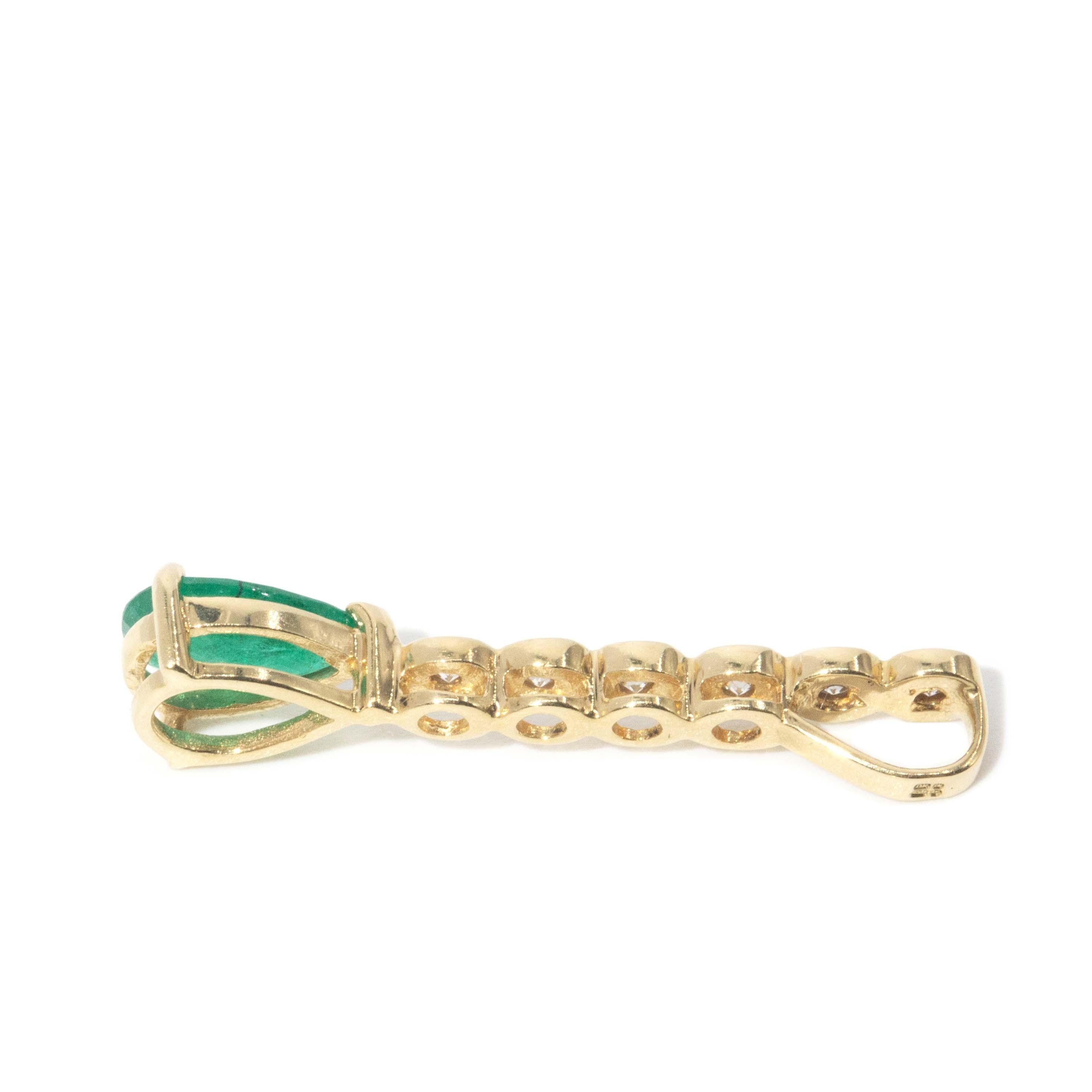 Vintage Circa 1980s Emerald & Diamond Pendant 18 Carat Yellow Gold