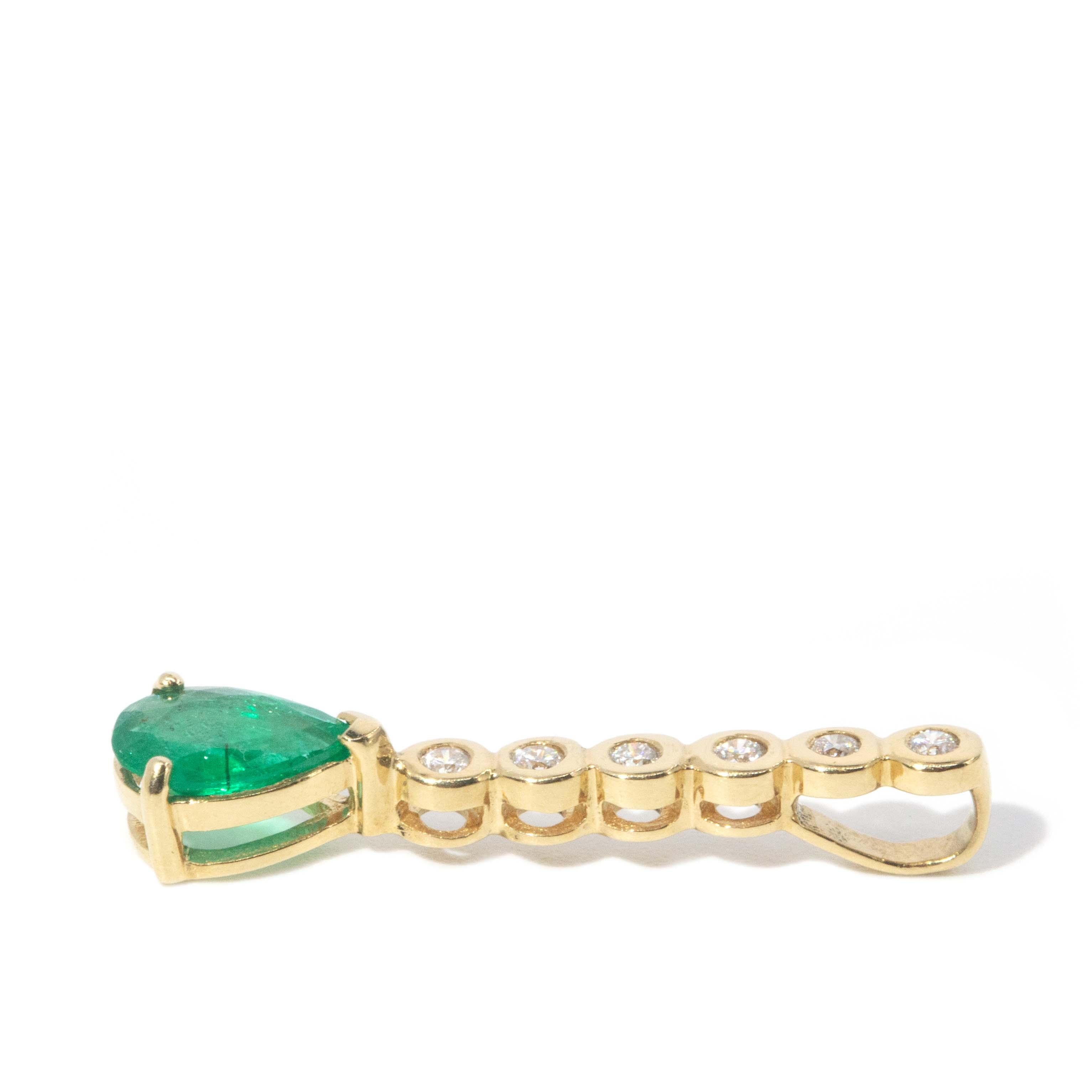 Vintage Circa 1980s Emerald & Diamond Pendant 18 Carat Yellow Gold