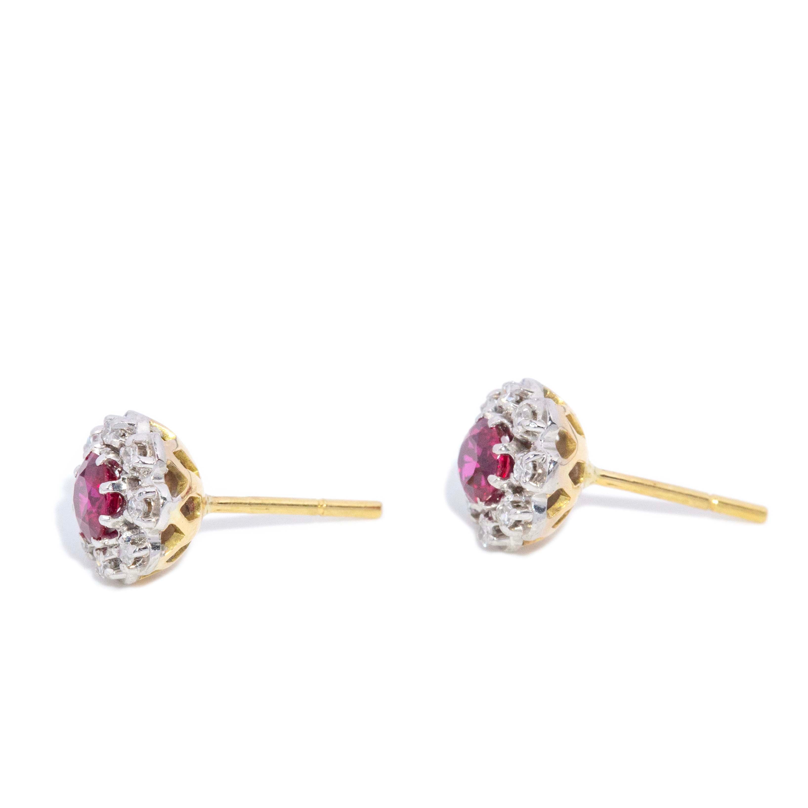 Lila Vintage Ruby & Diamond Halo Stud Earrings 18ct White Gold Earrings Imperial Jewellery 