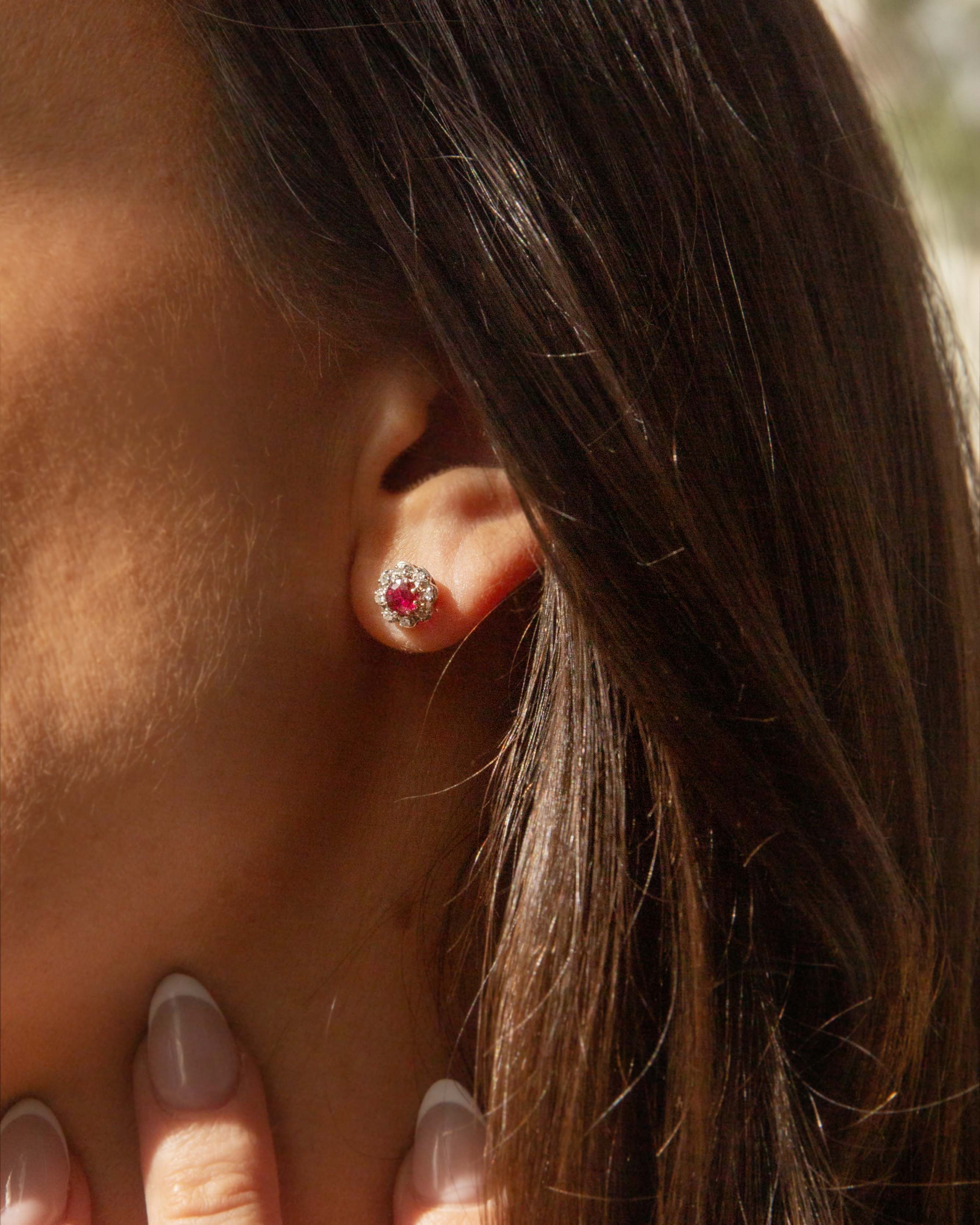 Lila Vintage Ruby & Diamond Halo Stud Earrings 18ct White Gold Earrings Imperial Jewellery 