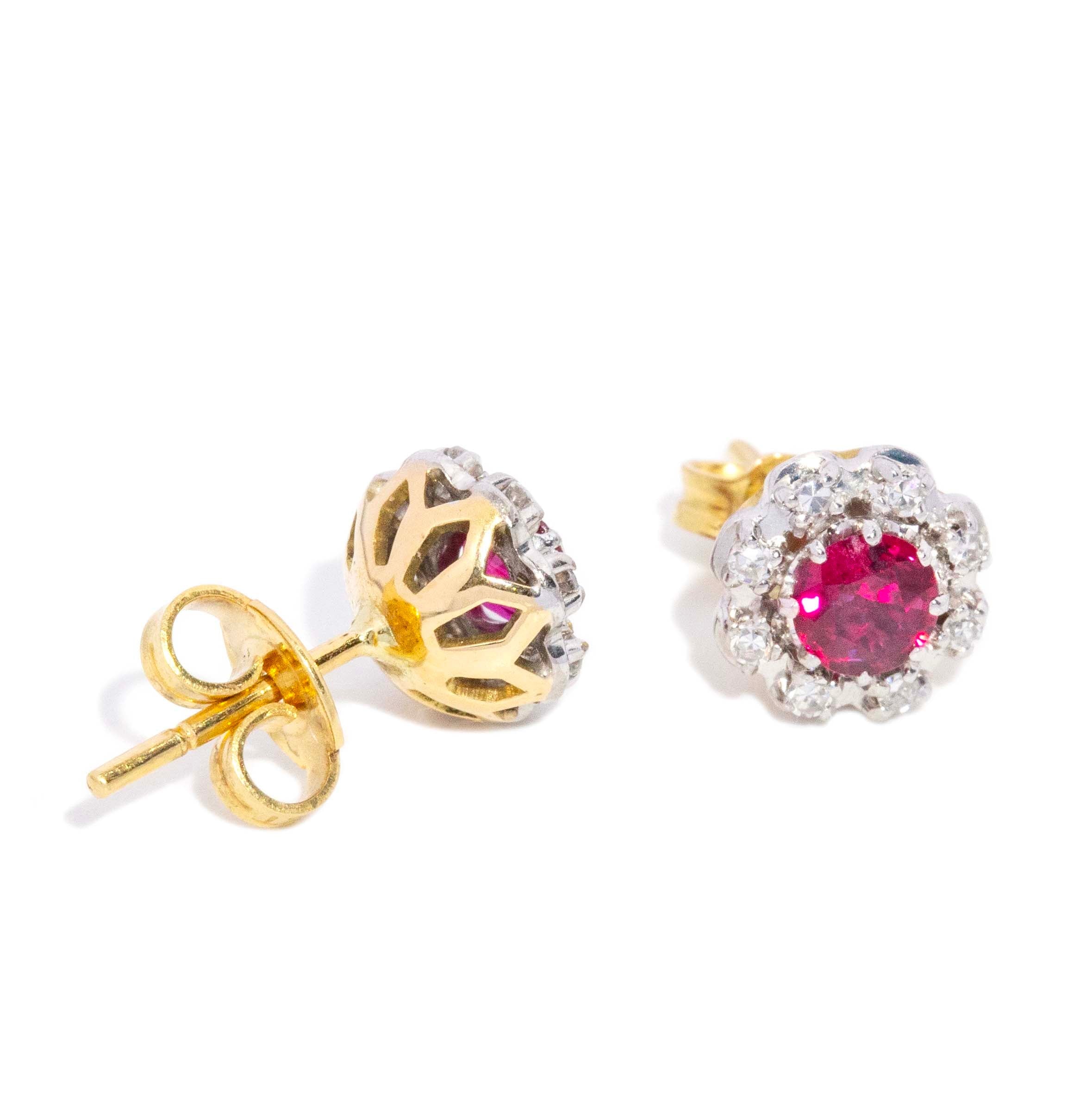 Lila Vintage Ruby & Diamond Halo Stud Earrings 18ct White Gold Earrings Imperial Jewellery 